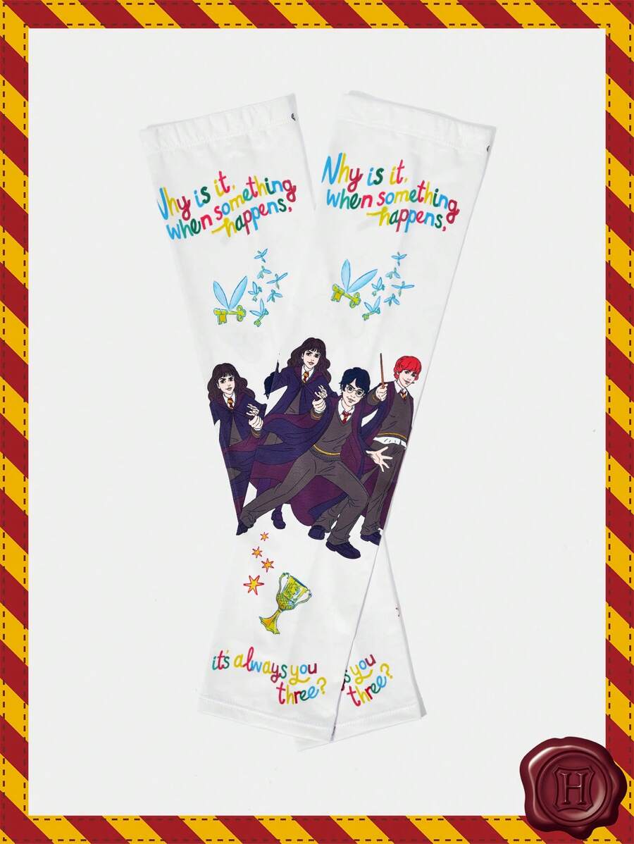 HARRY POTTER X SHEIN 1 par de mangas de sol de seda de hielo blanca con gráficos de personajes de dibujos animados y lemas - Multicolor - Ver 1