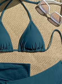 SHEIN Swim Bộ đồ bơi bikini gợi cảm buộc dây màu trơn đi biển mùa hè dành cho nữ 3 món kèm áo choàng & váy ngắn, họa tiết in thiết kế ngẫu nhiên - Màu xanh ngọc - Xem 3