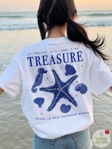 Tween Girl Casual Stylish Starfish, Seahorse, Shell, Seashell Graphic Tee With "STUNNING ALL THE TIME TREASURE REVEL IN THIS CHARMING WORLD" Text And Pearl Decor Print On Back, Short Sleeve Crew Neck T-Shirt, Suitable For Summer