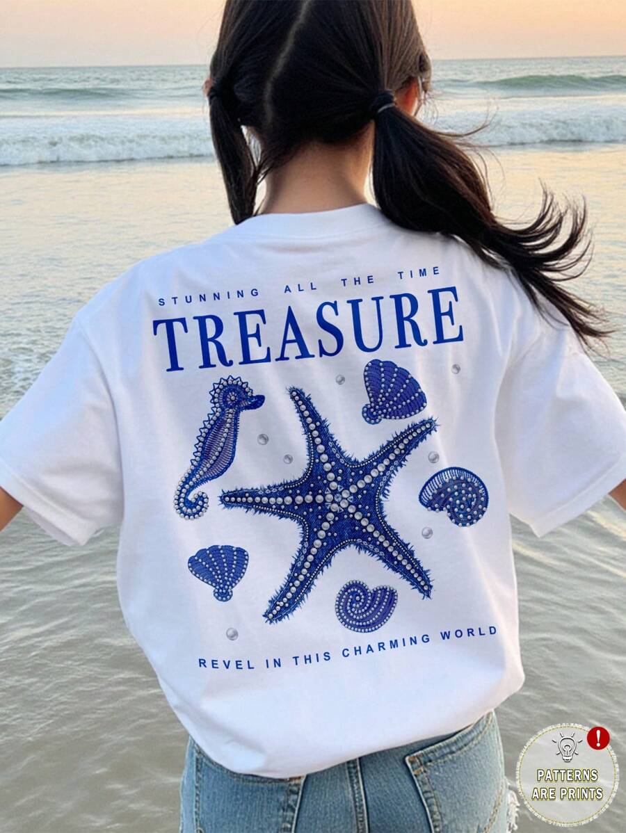 Tween Girl Casual Stylish Starfish, Seahorse, Shell, Seashell Graphic Tee With "STUNNING ALL THE TIME TREASURE REVEL IN THIS CHARMING WORLD" Text And Pearl Decor Print On Back, Short Sleeve Crew Neck T-Shirt, Suitable For Summer