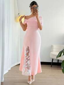 Islaluna Robe longue élégante en mousseline de soie et dentelle avec châle pour femmes