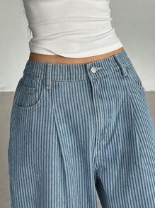 DAZY 女式蓝白条纹宽松休闲牛仔裤，夏季，返校服装 - 藍色 - 查看 5