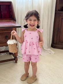 SHEIN Vintaside Kids 2 Pcs Baby Girl Toddler/Newborn 0-3Y Casual Daily Cute Vacation Striped Bow Tank Top + Shorts Set, Spring/Summer - Pink - View 1