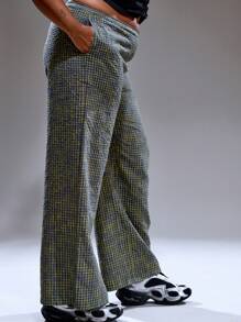 MUSERA Plus Size Women Mid Rise Elasticated Plaid Checked Wide Leg Trousers Summer Streetstyle Vacation Holiday 90's Y2k Cute Casual City Muse