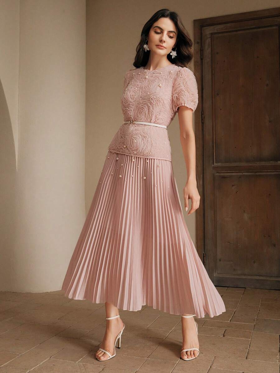 Anewsta 女士优雅约会之夜短袖褶皱泡泡袖花卉串珠长裙，腰部细节，面料拼接，春夏节/毕业 - 粉色 - 查看 1