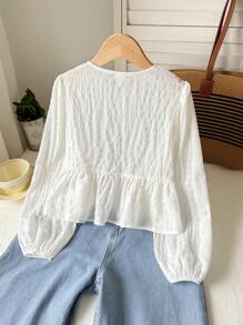 SHEIN Tween Girl Casual Minimalist Comfortable Round Neck Long Sleeve Bowknot Strap Textured Fabric Shirt, Back To School Season Fall Winter