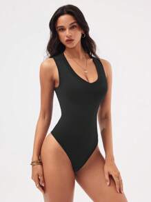 Slayform Slayform Women's Seamless Solid Color Sleeveless Stretchy Workout Jumpsuit - Black - View 5