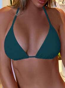 Swim Basics 纯色颈部系带露背比基尼上衣 - 青碧色 - 查看 1