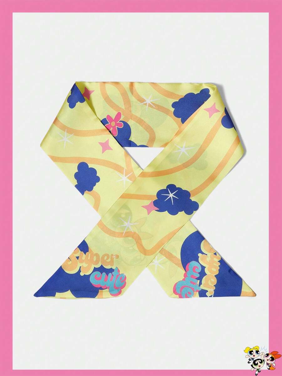 THE POWERPUFF GIRLS X SHEIN 黄色休闲花朵、泡泡、毛茛图案围巾