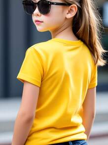SHEIN Young Girl Solid Color Casual Round Neck Short Sleeve T-Shirt, Suitable For Summer - Yellow - View 6