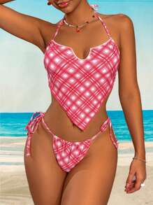 Swim Mod 2 piezas Top de bikini con estampado aleatorio a cuadros, tipo halter y espalda descubierta, lindo y sexy, apto para vacaciones y festivales de música - Rosa - Ver 3