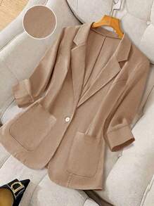 GlowEve CURVE Plus Size Women Lapel Neck Single Button Casual 3/4 Sleeve Thin Blazer Graduation,Back To School,Teacher Outfits For Women Winter Fall Autumn - Khaki - View 1