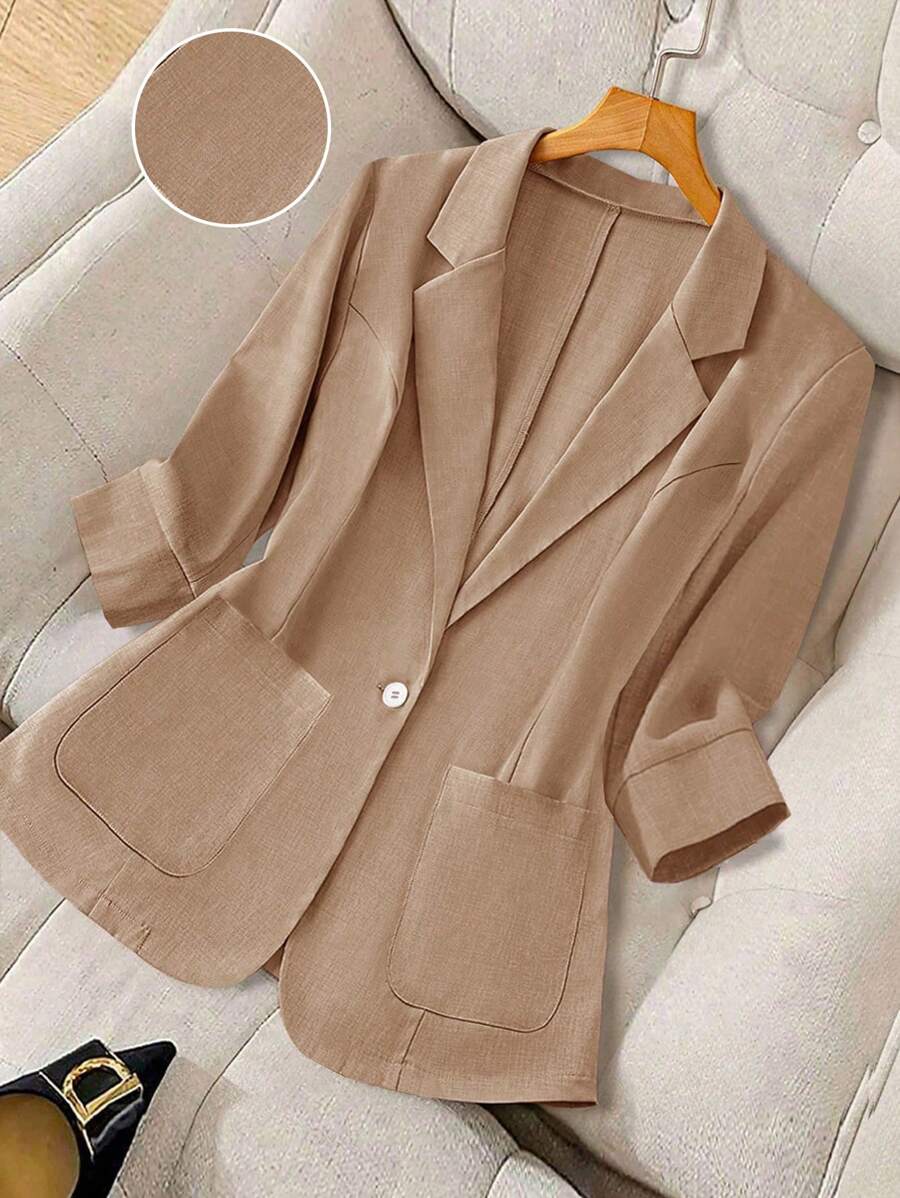 GlowEve CURVE Plus Size Women Lapel Neck Single Button Casual 3/4 Sleeve Thin Blazer Graduation,Back To School,Teacher Outfits For Women Winter Fall Autumn - Khaki - View 1