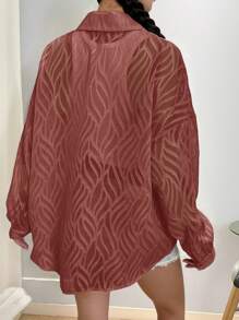INAWLY Women's Loose Jacquard Casual Solid Color Shirt Fall Cloth For Women - Rust Brown - View 2