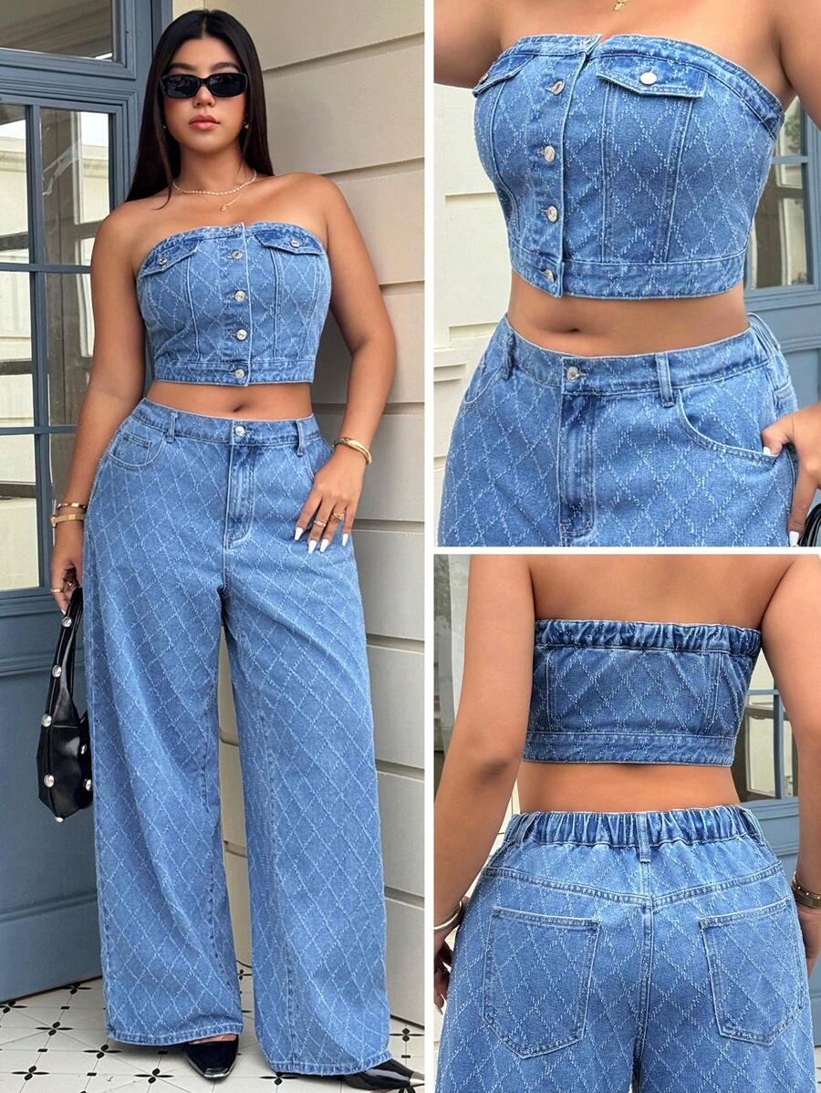 Jeanoix 时尚休闲百搭钩针面料牛仔上衣 - 中等水洗藍 - 查看 1