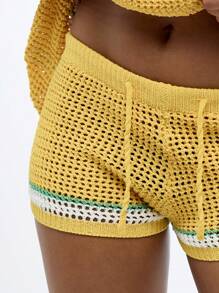 SUMWON WOMEN 钩针编织高腰抽绳短裤节日海滩罩衫针织夏季迷你热裤 - 黃色 - 查看 8