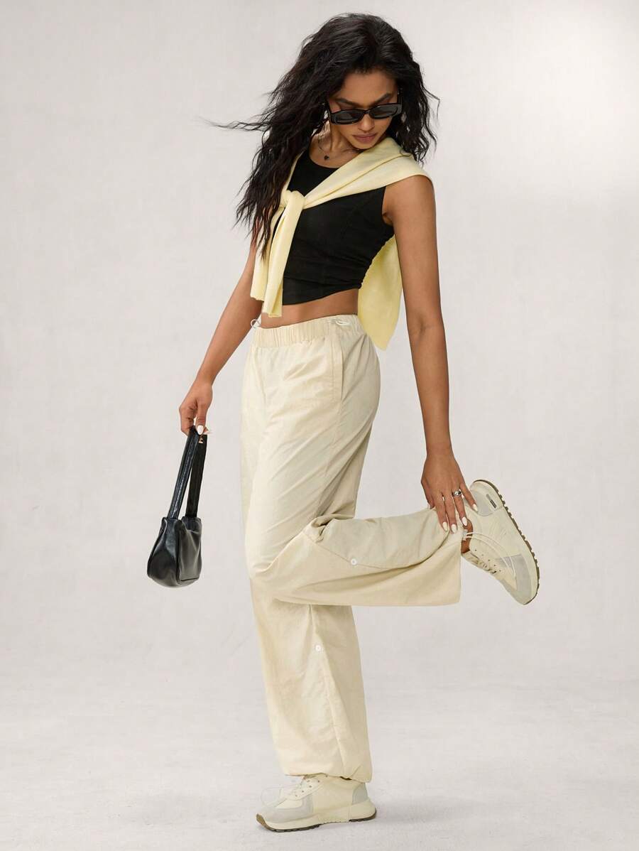 Hanevo Women's Apricot Buckle Pleated Leg Loose Casual Pants Fall Cloth For Women - Apricot - View 1