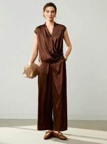 Uhlyne Bộ đồ 2 món cho nữ, gồm áo crop top dệt xếp ly cổ chữ V và tay lửng, quần ống đứng trơn, thanh lịch khi đi làm, mùa hè - màu nâu - Xem 5