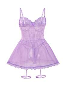 Snug Zone 3pcs Lace & Mesh Lingerie Dress For Going Out - Lilac Purple - View 7