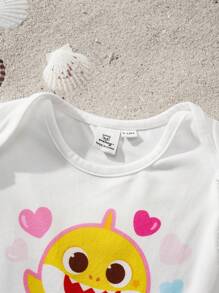 BABY SHARK X SHEIN Baby Girl Cartoon Cute Yellow Shark Heart Graphic White Casual Short Sleeve Bodysuit And Pink Mesh Cute Mini Skirt Set - Multicolor - View 9