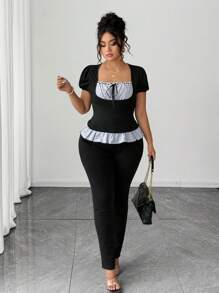 Elenzga 大码女式休闲条纹拼接黑色修身短袖荷叶边T恤 - 黑色 - 查看 8