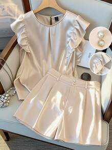 GlowEve CURVE 2pcs Women Elegant Simple Casual Satin Round Neck Ruffle Sleeve Top + Shorts Suits - Apricot - View 1