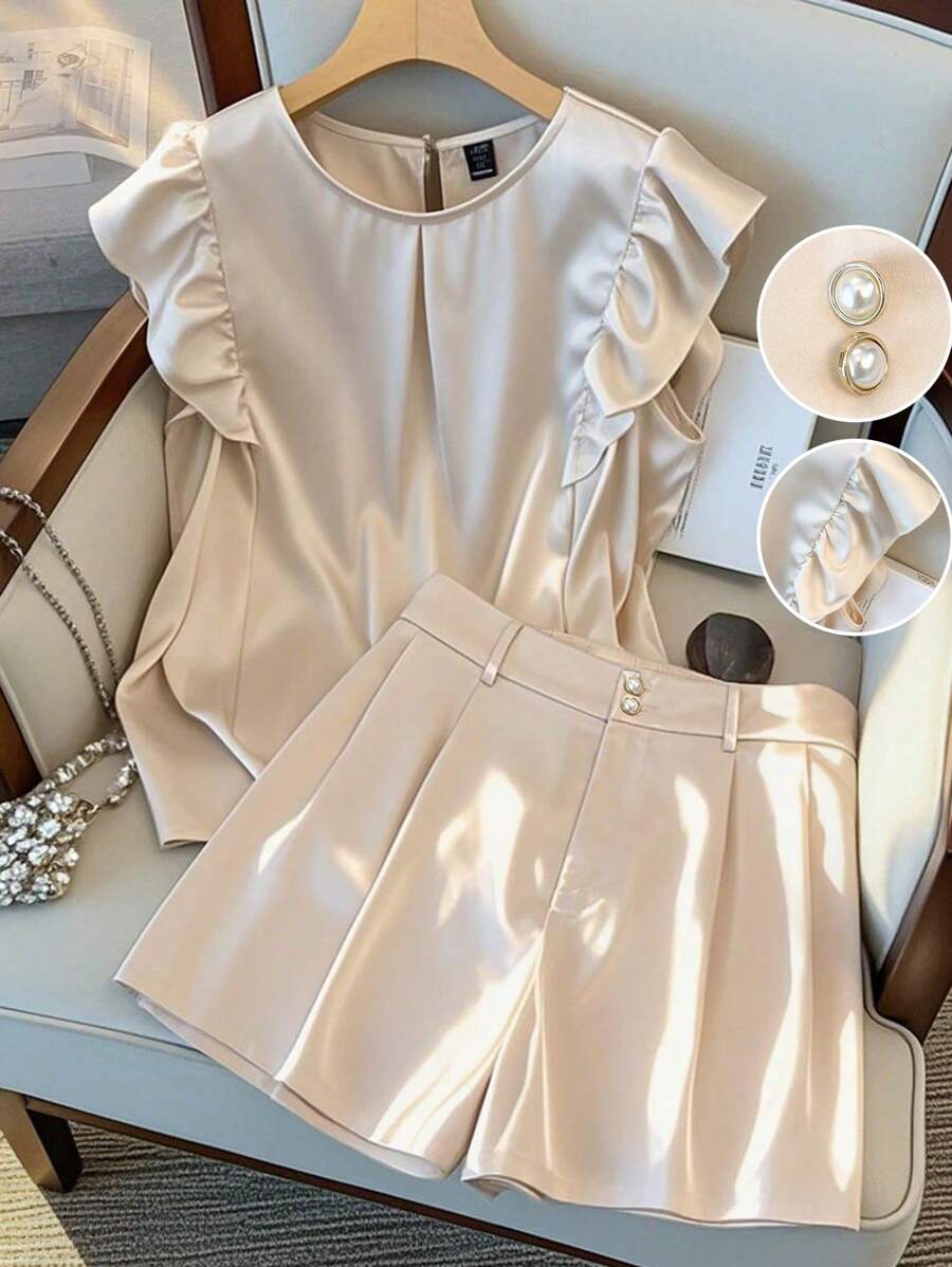 GlowEve CURVE 2pcs Women Elegant Simple Casual Satin Round Neck Ruffle Sleeve Top + Shorts Suits - Apricot - View 1