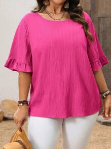 EMERY ROSE 加大码短袖简约时尚休闲日常度假春夏衬衫、西装、春夏粉色上衣 - 玫紅色 - 查看 5