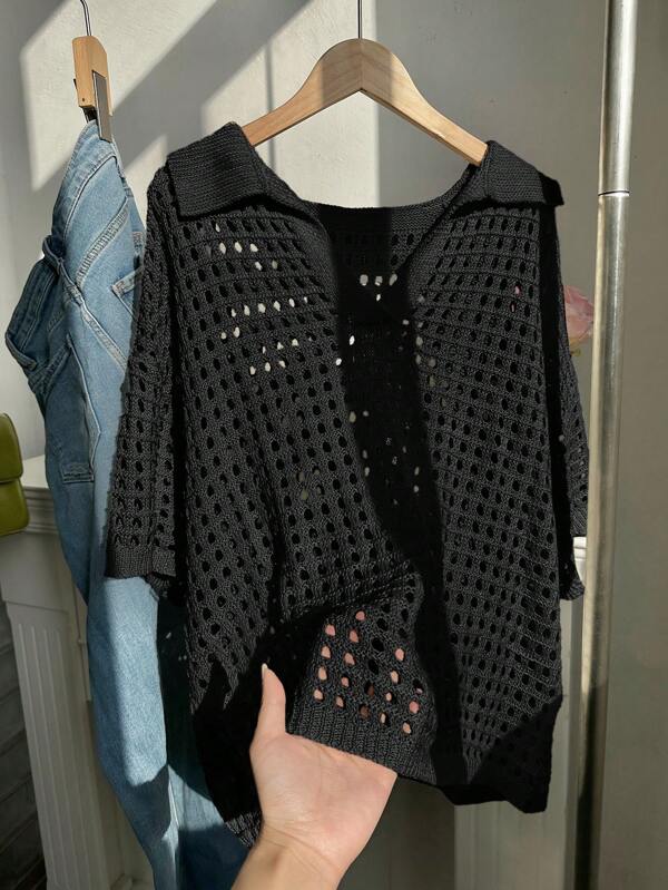 Comfortcana Plus Size Solid Color Sheer Hollow Out Casual Loose Long Sleeve Knit Sweater, Black Mesh Top, Eyelet Top, See Through Top,Summer,Beach,Vacation