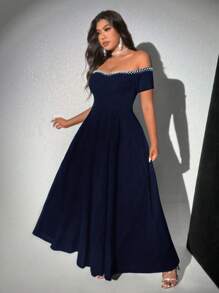 Viva Relle Plus Size Elegant Off Shoulder High Slit Dress - Navy Blue - View 5