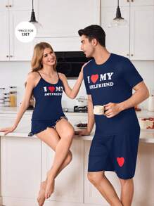 可爱心形图案拼色印花情侣男士家居服套装，适合男友的礼物 - 藏蓝色 - 查看 7