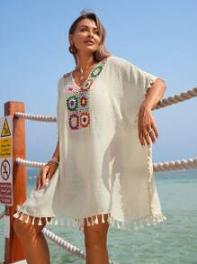 Swim Chiccia 女士卡其色和米色彩色钩针波西米亚风流苏罩衫，休闲春夏海滩度假派对罩衫