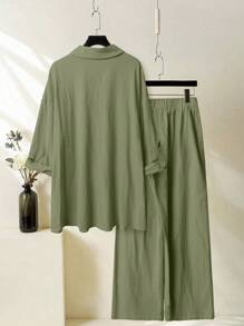 Modelyn 2pcs Women Floral Embroidered Long Sleeve Shirt And Pants Casual Set - Green - View 2