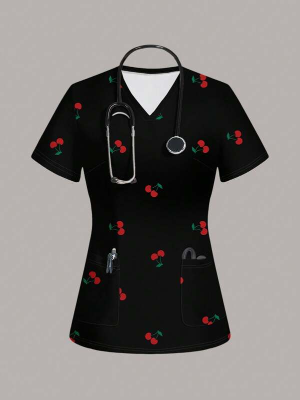 SHEIN Essnce Cherry Pattern Casual Women /Nursing Scrub Uniform Top, Suitable For Summer