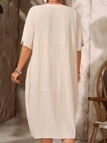 EMERY ROSE 加大码宽松落肩短袖开衩下摆口袋圆领亚麻中长连衣裙，休闲波西米亚风格适合音乐节，春夏季阔腿波西米亚风女式夏季连衣裙西方女装度假，飘逸连衣裙亚麻女式夏季不对称连衣裙 - 杏色 - 查看 2