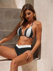 Swim Chiccia Women Summer New Multicolor Patchwork Triangle Halter Tie Bikini Set - Black and White - View 3