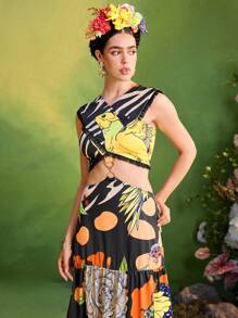Frida Kahlo X SHEIN X Designer ISELACOS Vestido largo de mujer con estampado completo, dobladillo con volantes, escote cruzado y recortes, atuendo de verano