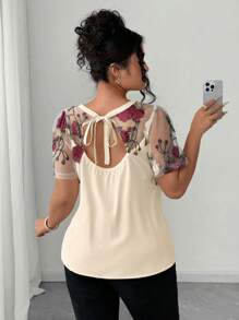 Elenzga Plus Size Shirt With Floral Cutting, Mesh Embroidery, Minimalist Fashion, Suitable For Summer - Apricot - View 1