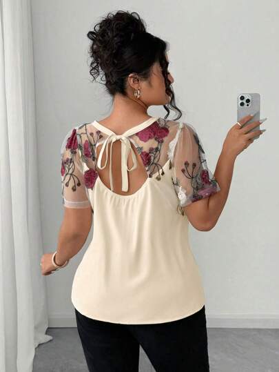 Elenzga Plus Size Shirt With Floral Cutting, Mesh Embroidery, Minimalist Fashion, Suitable For Summer