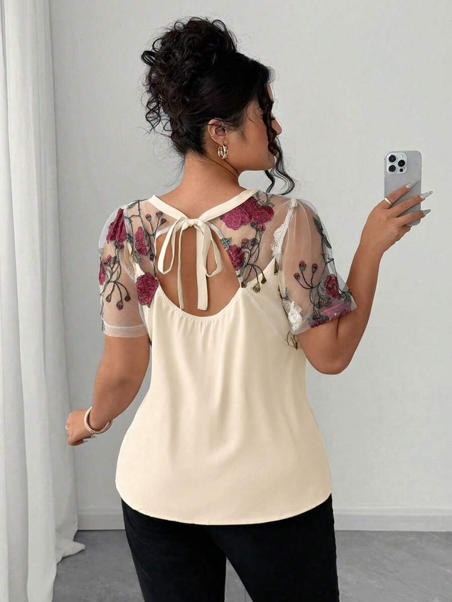 Elenzga Plus Size Shirt With Floral Cutting, Mesh Embroidery, Minimalist Fashion, Suitable For Summer - Apricot - View 1