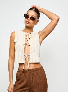 AiiRZ Top corto a costine senza maniche con bottoni in perla, dettaglio con fiocco, stile boho moderno, chic da spiaggia, vacanza estiva, festival - Albicocca - Visualizzare 5