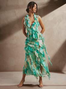 L'Amorae Women's Summer Print Elegant Ruffle Split Maxi Skirt - Green - View 4