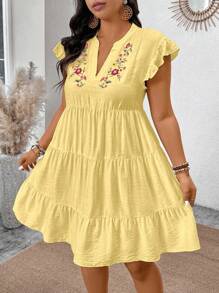 SHEIN Clasi Plus Size V-Neck Floral Embroidery Ruffle Hem A-Line Babydoll Dress - Yellow - View 4