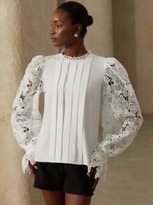 Aveloria Rosie Elegant Feminine Chic French Style Romantic Date Fancy Lace Patchwork Ruffled Round Neck Women's Shirt, Luxurious Premium Design, Puff Sleeve Fall Cloth For Women - White - View 6