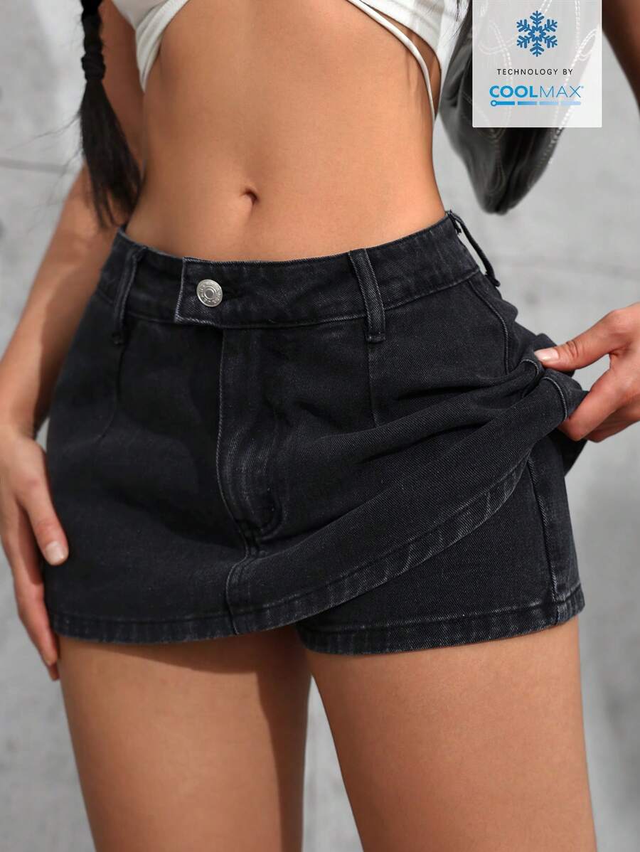 SHEIN Tall 休闲洗水低腰牛仔迷你裙 - 黑色 - 查看 1