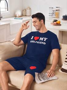 可爱心形图案拼色印花情侣男士家居服套装，适合男友的礼物 - 藏蓝色 - 查看 4