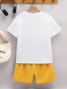 Bộ 2 áo phông cổ tròn và quần short họa tiết dễ thương phong cách đại học thường ngày cho bé trai tuổi teen, thích hợp mặc khi đi làm, đi học, thường ngày, đồ thể thao, mùa xuân/hè - Màu vàng - Xem 3