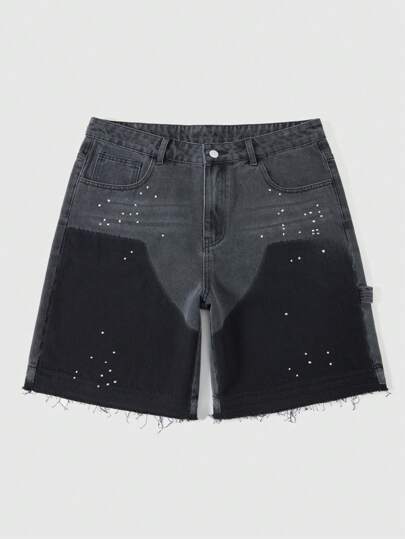 Grunge Punk Herren Kontrast Farbige Taschen Fransensaum Locker Lässige Jeans Shorts