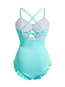 Swim Mod Plus Size Women Stylish Ruched Frill Trim One-Piece Swimsuit, One-Piece Bathing Suit For Summer Beach Vacation - Blue - View 2