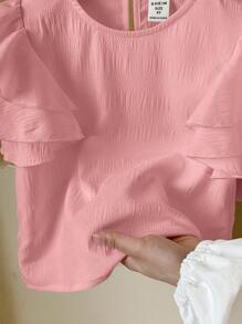 SHEIN LMoss Kids Camicetta casual avvitata in tinta unita con collo rotondo, da ragazza